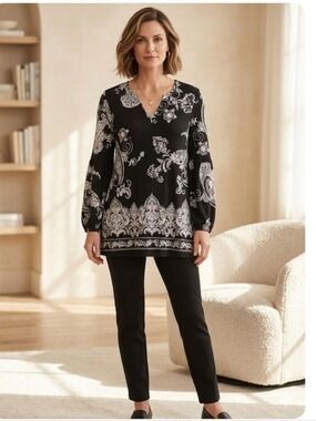 Chicos Black White Paisley Tunic Top Long Sleeve Size Small